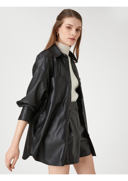 Deri Görünümlü Gömlek Ceket Cepli Düğmeli fiyatları