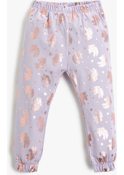 Unicorn Baskılı Parlak Jogger Eşofman Altı Beli Lastikli Şardonlu