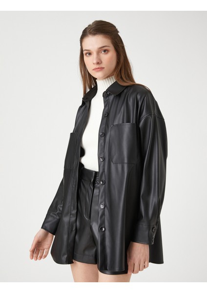 Deri Görünümlü Gömlek Ceket Cepli Düğmeli fırsatları