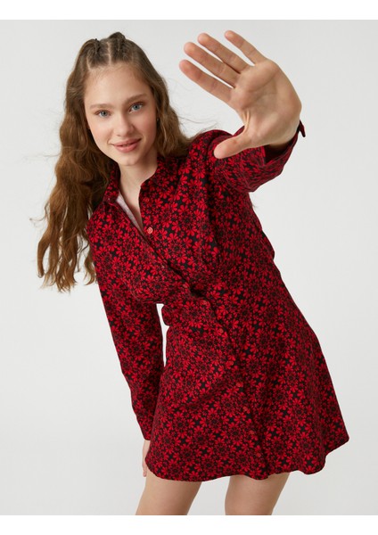 Çiçekli Gömlek Elbise Uzun Kollu Düğmeli Manşet Yaka