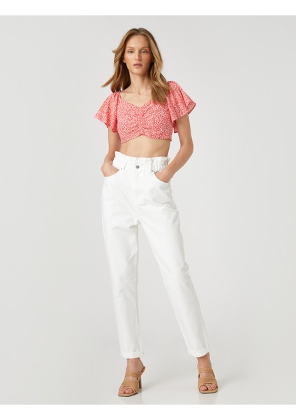Çiçekli Crop Bluz Büzgü Detaylı Kolları Volanlı