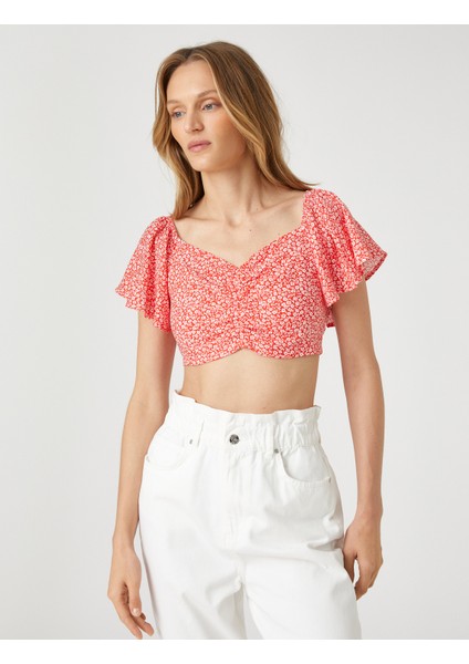 Çiçekli Crop Bluz Büzgü Detaylı Kolları Volanlı
