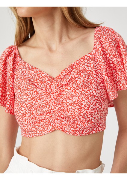 Çiçekli Crop Bluz Büzgü Detaylı Kolları Volanlı