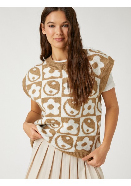 Örgü Süveter Bisiklet Yaka Karma Desenli