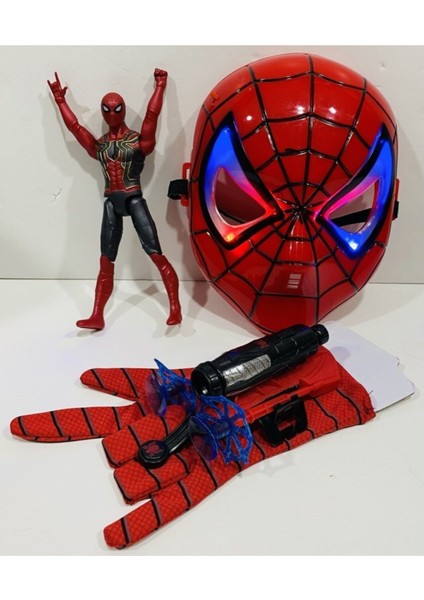 Spiderman Ağ Atan Eldiven+Işıklı Maske+18 cm Işıklı Figür 3 Lü Set