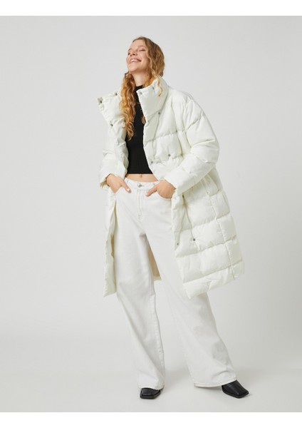 Uzun Şişme Mont Anvelop Çıtçıtlı Dik Yaka Cepli