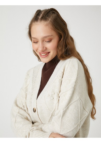 Crop Hırka Örgü V Yaka Uzun Kollu Düğmeli