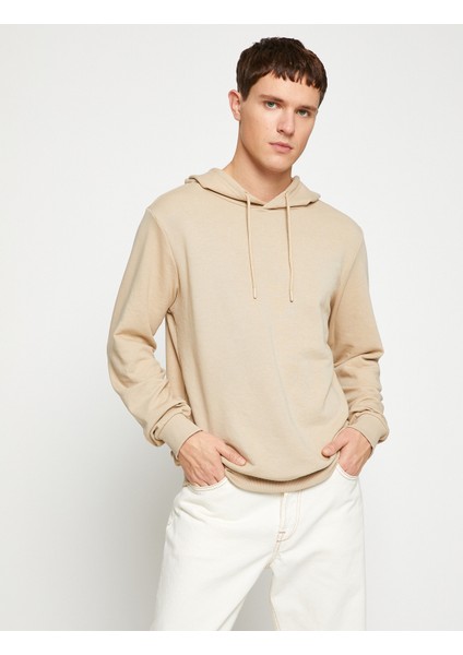 Basic Kapşonlu Sweatshirt Etiket Baskılı Uzun Kollu