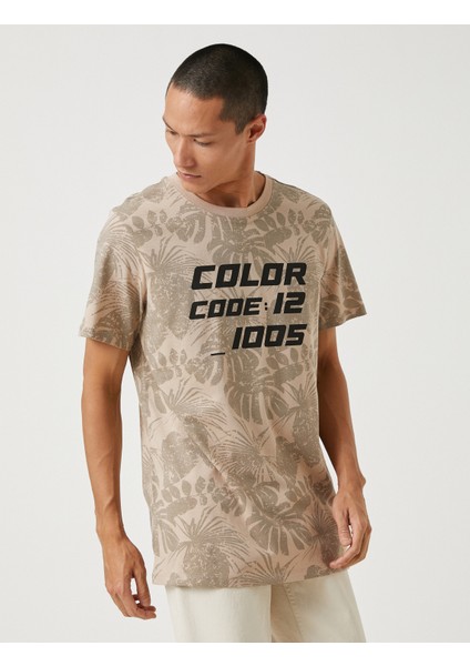 Çiçek Desenli Tişört Slogan Baskılı Bisiklet Yaka Kısa Kollu