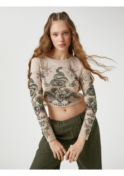 Tül Crop Tişört Uzun Kollu Bisiklet Yaka Baskılı