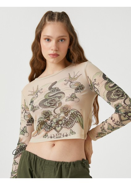 Tül Crop Tişört Uzun Kollu Bisiklet Yaka Baskılı fiyatları