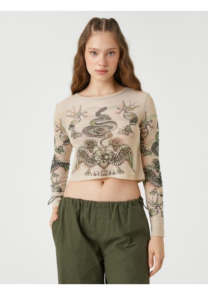 Tül Crop Tişört Uzun Kollu Bisiklet Yaka Baskılı modelleri