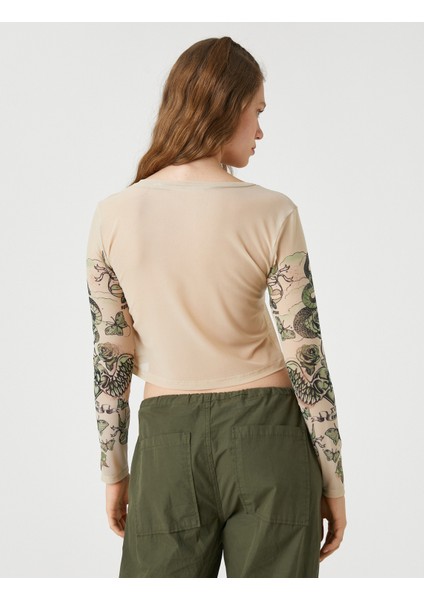 Tül Crop Tişört Uzun Kollu Bisiklet Yaka Baskılı fırsatları
