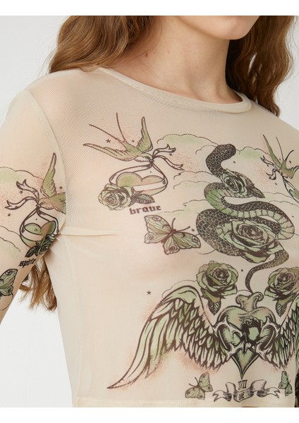 Tül Crop Tişört Uzun Kollu Bisiklet Yaka Baskılı indirimleri