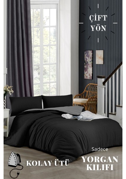Kolay Ütülenebilir Çift Yönlü Yorgan Kılıfı-Tek Kişilik Yatak (160X220) Siyah-Gri