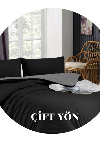 Kolay Ütülenebilir Çift Yönlü Yorgan Kılıfı-Tek Kişilik Yatak (160X220) Siyah-Gri