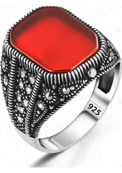 925 Ayar Gümüş Kenarları Markazit Taşlı Akik Erkek Yüzük fiyatları