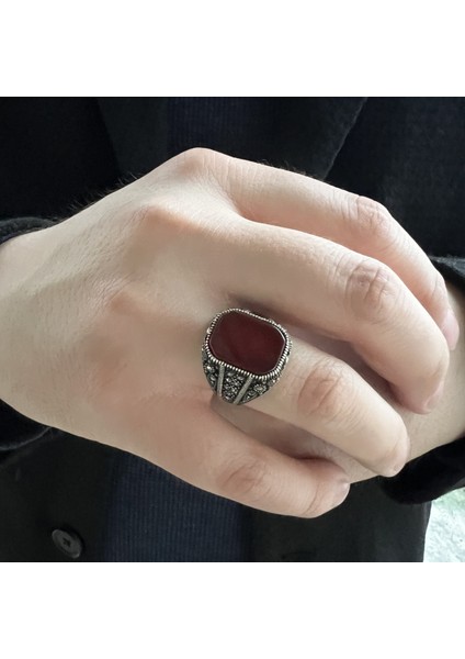 925 Ayar Gümüş Kenarları Markazit Taşlı Akik Erkek Yüzük modelleri