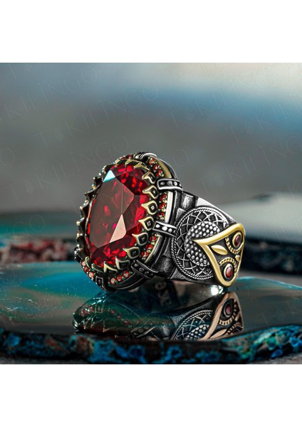 925 Ayar Gümüş Oval Kırmızı Zirkon Taşlı Erkek Yüzük