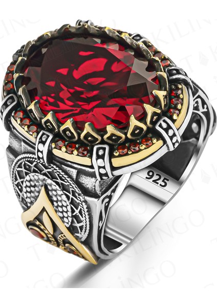 925 Ayar Gümüş Oval Kırmızı Zirkon Taşlı Erkek Yüzük fiyatları