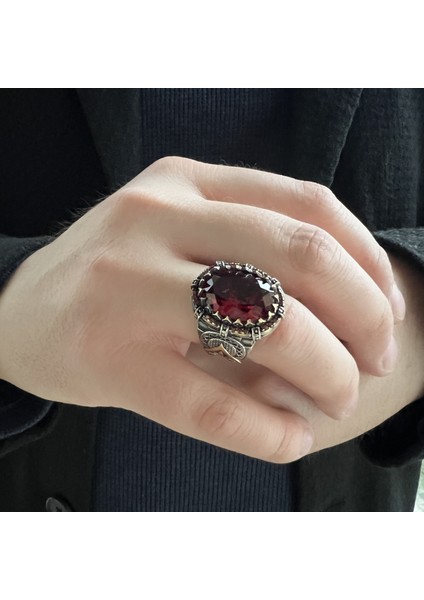 925 Ayar Gümüş Oval Kırmızı Zirkon Taşlı Erkek Yüzük modelleri