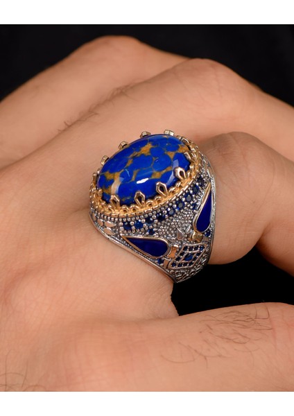 Gümüş 925 Ayar Gümüş Erkek Yüzüğü Lapis Taşlı Zirkon Taş Süslemeli