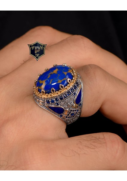 Gümüş 925 Ayar Gümüş Erkek Yüzüğü Lapis Taşlı Zirkon Taş Süslemeli fırsatları
