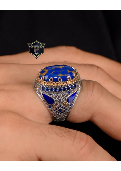 Gümüş 925 Ayar Gümüş Erkek Yüzüğü Lapis Taşlı Zirkon Taş Süslemeli indirimleri