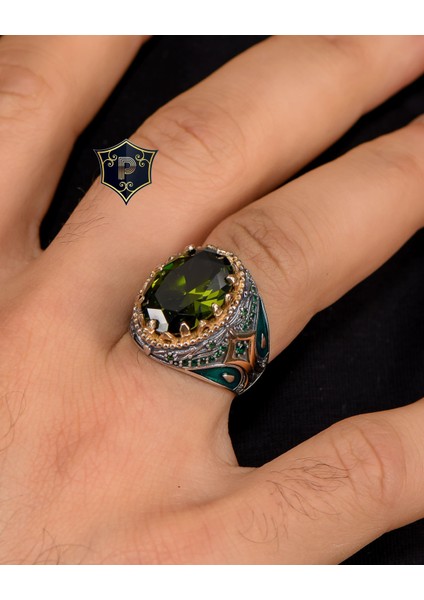 Gümüş 925 Ayar Gümüş Erkek Yüzüğü Peridot Taşlı Zirkon Taş Süslemeli