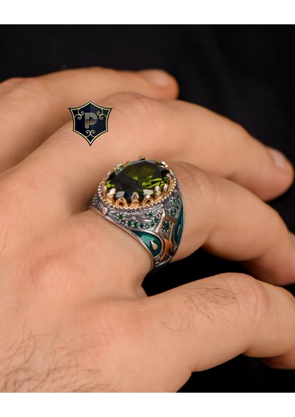 Gümüş 925 Ayar Gümüş Erkek Yüzüğü Peridot Taşlı Zirkon Taş Süslemeli