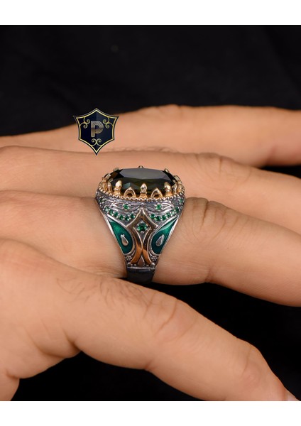 Gümüş 925 Ayar Gümüş Erkek Yüzüğü Peridot Taşlı Zirkon Taş Süslemeli
