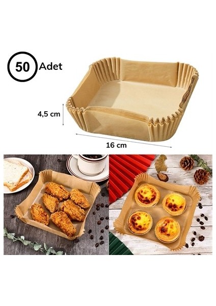 50 Adet Air Fryer Pişirme Kağıdı Tek Kullanımlık Hava Fritöz Yağ Geçirmez Yapışmaz Kare Tabak Model