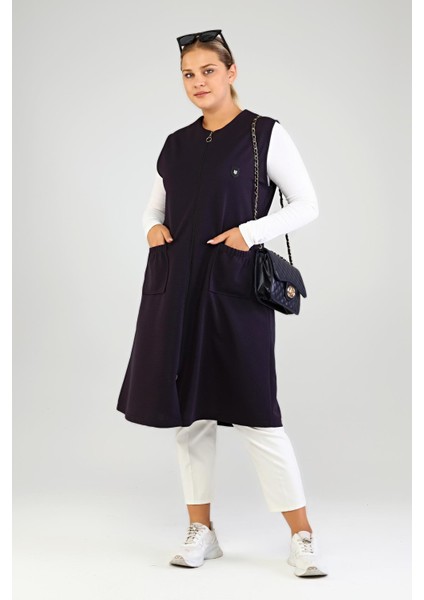 Kadın Büyük Beden Çelik Örme Yelek Kolsuz Uzun Siyah Bordo Haki Lacivert