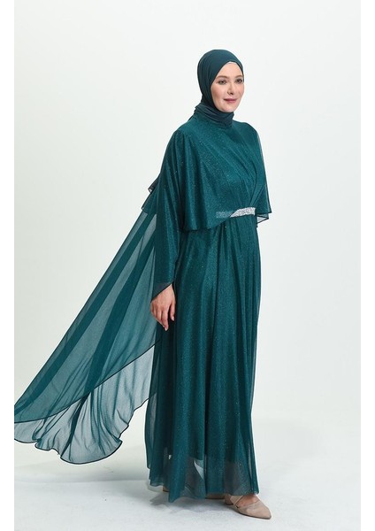 Kadin Buyuk Beden Abiye Elbise Pelerinli ve Simli