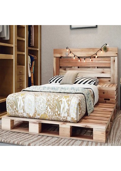 Loolpi Home doğal Ahşap Başlıklı Palet Karyola Yer Yatağı Tek ve Çift Kişilik