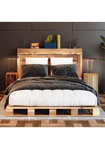 Loolpi Home doğal Ahşap Başlıklı Palet Karyola Yer Yatağı Tek ve Çift Kişilik