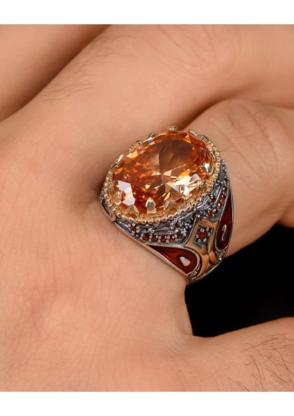 Gümüş 925 Ayar Gümüş Erkek Yüzüğü Şampanya Topaz Taşlı Zirkon Taş Süslemeli