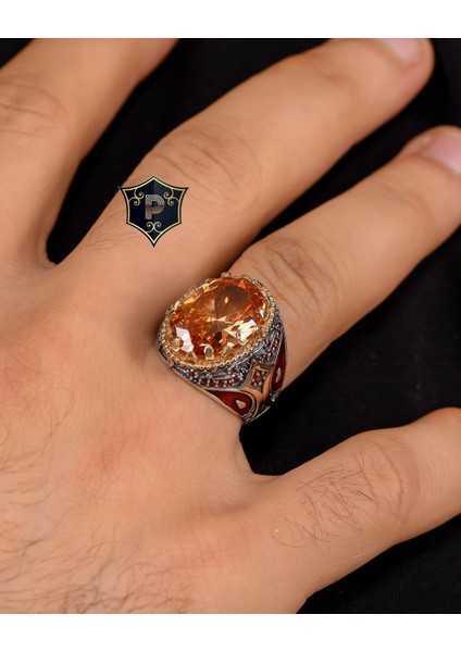 Gümüş 925 Ayar Gümüş Erkek Yüzüğü Şampanya Topaz Taşlı Zirkon Taş Süslemeli fiyatları