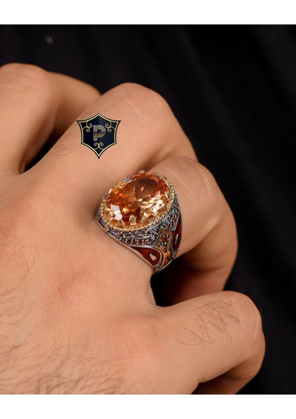 Gümüş 925 Ayar Gümüş Erkek Yüzüğü Şampanya Topaz Taşlı Zirkon Taş Süslemeli modelleri