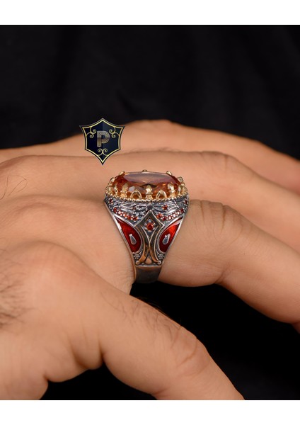 Gümüş 925 Ayar Gümüş Erkek Yüzüğü Şampanya Topaz Taşlı Zirkon Taş Süslemeli indirimleri