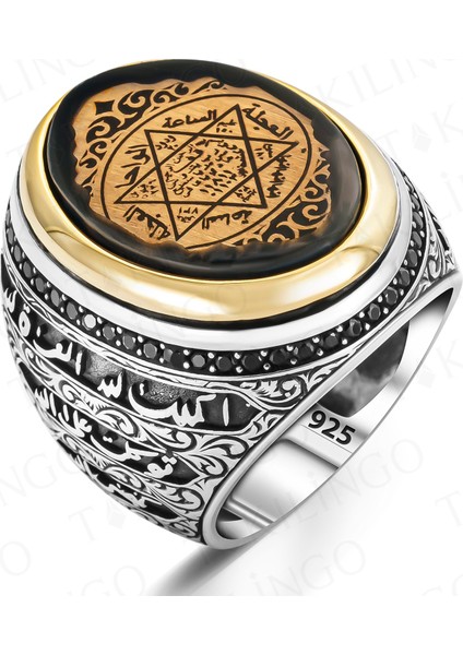 925 Ayar Gümüş Kalem Kenarları Salavat Zinciri Yazılı Süleyman Mührü Erkek Yüzük fiyatları