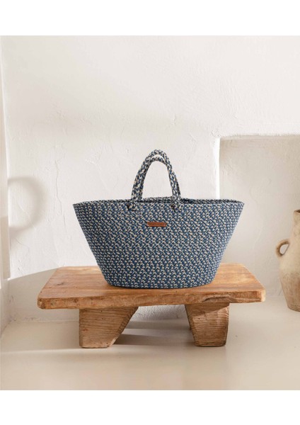 Cesta El Yapımı Pamuklu Lacivert Krem Hasır Çanta Plaj Gündelik Dekoratif Çanta 26x57cm