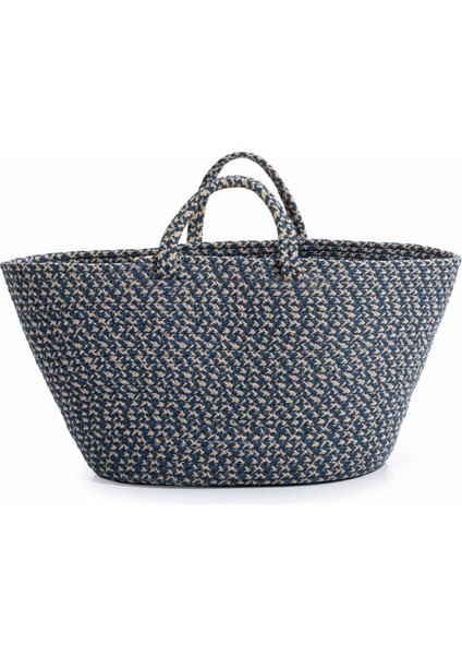 Cesta El Yapımı Pamuklu Lacivert Krem Hasır Çanta Plaj Gündelik Dekoratif Çanta 26x57cm