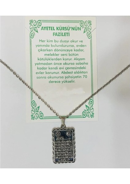 Ayetel Kürsi Yazılı Metal Kolye Ucu ve Zincir Dahil
