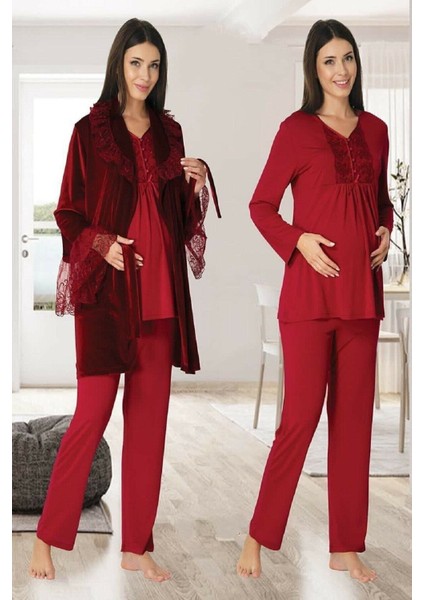 Kadın Vişne Kadife Sabahlıklı Lohusa Hamile Pijama Takımı 8088
