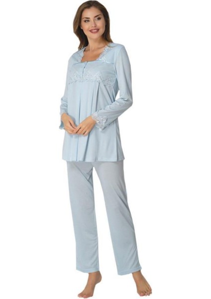 Kadın Lohusa Hamile Uzun Kollu Dantelli Pijama Takımı 7012