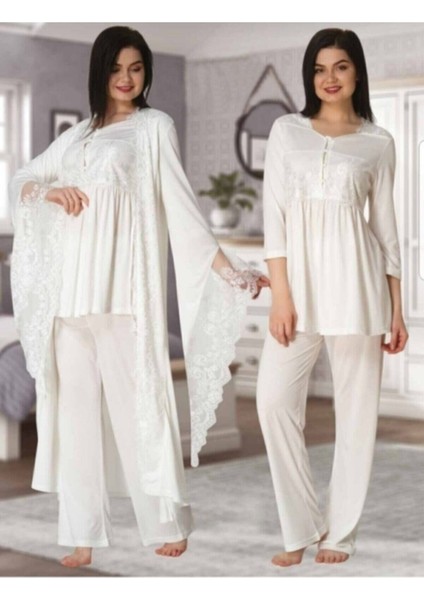 Kadın Ekru Dantelli Özel Lohusa Hamile Sabahlıklı Pijama Takımı 3015