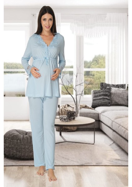 Kadın Mavi Lohusa Hamile Pijama Takımı 8092