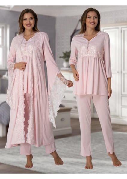 Kadın Pembe Dantelli Özel Lohusa Hamile Sabahlıklı Pijama Takımı 3015