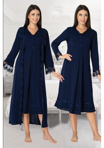 Kadın Lacivert Lohusa Hamile Gecelik Sabahlık 2'li Set 2425